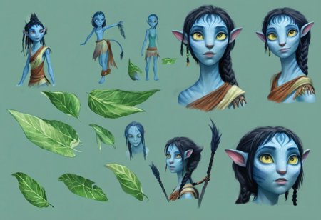 Character Design page of a young female Avatar navi alien with blue skin, wearing leaf tunic
