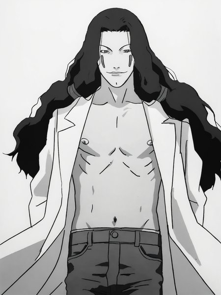 score_9, source_anime, masterpiece, best quality, BREAK, white background, 1boy, <lora:Masami Eiri_PDXLv0:0.8> masami eiri \(sel\), labcoat, jeans, lineart, greyscale, monochrome