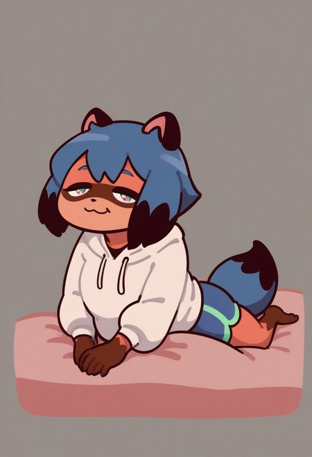 score_9, score_8_up, score_8_up, 1girl, solo, super detailed, super high resolution, fFaceDetail, sexy, cute  girl, michiru kagemori, short hair, black hair, animal ears, blue hair, multicolored hair, furry, furry female, raccoon ears, body fur, raccoon girl, raccoon tail, tail, shirt, jacket, mature female, hoodie, oversized hoodie covering hips, hoodie too big, 4 sizes bigger hoodie, no bra under clothes, oversized hoodie, cute smile, (half closed eyes:1.2), (sleepy:1.1), tired, yawning, looking at viewer, modern bedroom background, at night,  full body portrait, plump, chubby female, thick thighs, from front, Light, from behind, looking back, on stomach, on bed, white shirt, shorts, feet, no shoes, chibi
