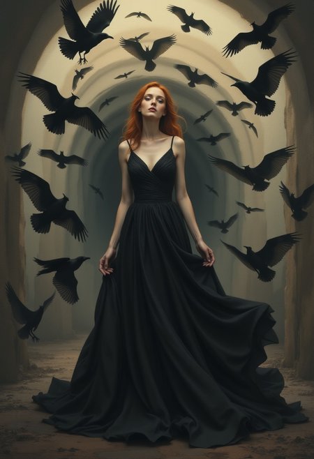 surreal scene of a thin redhead woman standing at the center of a spiraling storm of black ravens, her elegant gown seamlessly morphing into the bats in flight. Dress melting into the background. The composition merges serenity with motion, as the bats form a hypnotic vortex into a dark tunnel behind her. Rendered in soft black, muted grays, and dark golden hues, the image evokes a dreamlike sense of transformation, peace, and otherworldly beauty. The visual flow and symbolism suggest themes of inner liberation, grace, and transcendence