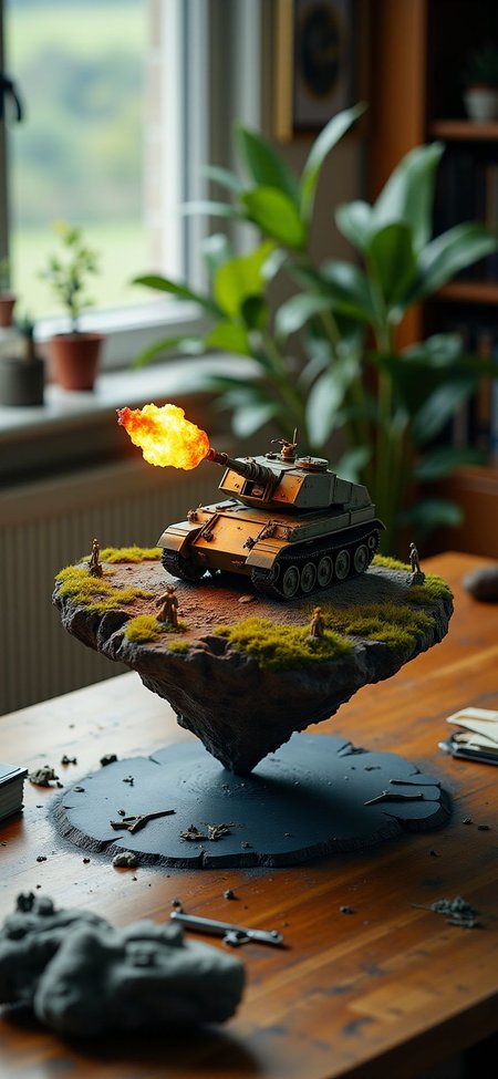(indoor,very wide isometric view,tilt-shift lens:1.6), (windowless,miniature,miniature,diorama,miniature,diorama,PVC,plastic:2) ,  self propelled axis artillery with hummer with flame at (floating island,levitating  island:1.5) on (table:2) at (study:2.5)   <lora:Diorama_Flux:1>
