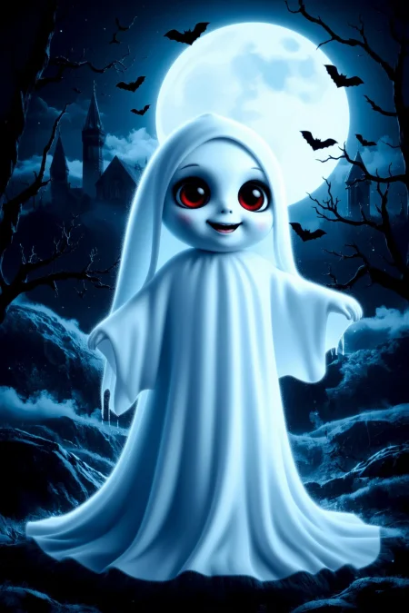 cute, halloween night, horror, (bats), moon in the sky, portrait, (standing:1.2),  happy smiling, red eyes,(very detailed), best quality,  sharp focus, Light blue ghostly white gown, hanging cobwebs, vintage horror, light drizzle under moonlight, red glowing eyes in the dark, ethereal lights, backlight, shadows, high contrast, hdr, <lora:Anti-Blur:0.8> <lora:Hand v2:0.8> Detailed hand, Hand, Perfect hand <lora:aidmaImageUpgrader:0.8> aidmaimageupgrader  <lora:PinkieChibiHalloweenFLUX:0.8> pinkchibihalloween