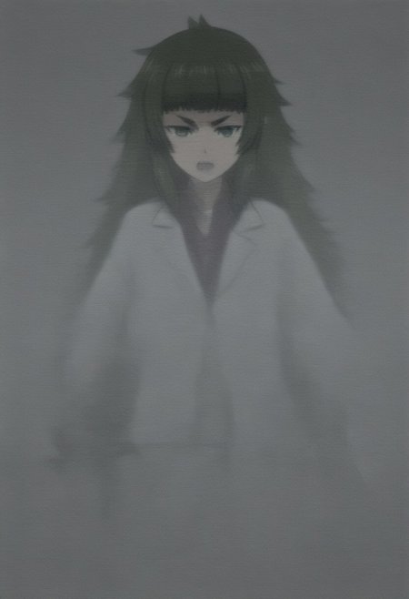 masterpiece, best quality, amazing quality,,, shiny skin,,,,<lora:maho:1>,maho,green hair,very long hair,green eyes,thick eyebrows,v-shaped eyebrows,messy hair,short eyebrows,blunt bangs,black shorts,lab coat,