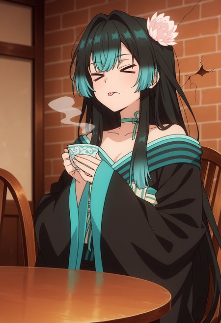 anime screencap, masterpiece, best quality,
<lora:YamiHealer_Carmilla_IlluXL:0.9>,
1girl, solo, closed mouth, > <, tongue,
long hair, hair intakes, multicolored hair, black hair, aqua hair, hair flower,
off shoulder, black kimono, aqua trim, ribbon choker, aqua choker, sash, sleeves past wrists,
holding cup, teacup, steam,
sitting, looking at viewer,
indoors, brick wall, crack, table, chair, brown background, blurry background