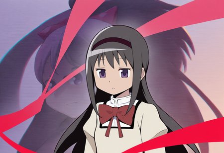 masterpiece, best quality,,detailed_background,outdoors,1girl,bow,mitakihara school uniform,long hair,upper body,bowtie,akemi homura,distortion,black hair,shirt,1other,goguma wagamja,sidelocks,hair bow,red bowtie,mahou shoujo madoka magica,purple eyes,hairband,yellow shirt,looking at viewer,red hairband,ribbon,highres,red bow,mahou shoujo madoka magica: walpurgis no kaiten,school uniform,very long hair