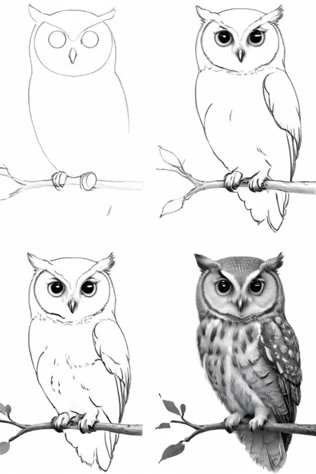<lora:How_to_draw_step_by_step_2:1> howtodraw, greyscale, 4 steps, owl, on a branch,