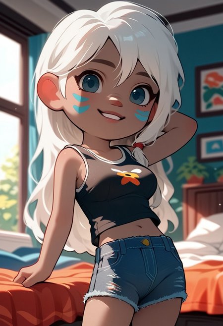 ZPDXL3, score_9, score_8_up, score_7_up, score_6_up, score_5_up, score_4_up, 
1girl, medium breasts, solo, 
bedroom, denim shorts, tank top, 
atkida, blue facial mark, white hair,
acvillager, chibi,