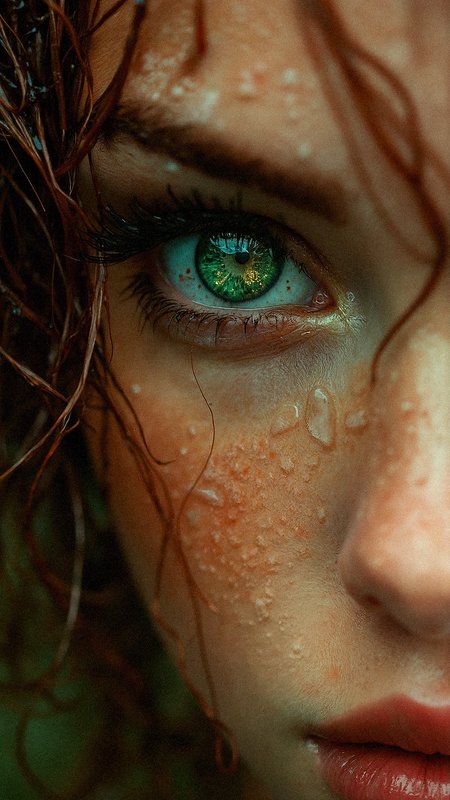 a hyper-realistic, extreme close-up of a beautiful woman's face, focusing on the intense detail of their bright green eye with beautiful long eyelashed with detailed eyeliner. The intricate eye should have vivid, emerald tones with flecks of gold around the iris, capturing light in a way that draws immediate attention. The skin is wet, covered in water droplets that reflect light and enhance the natural texture. Strands of wet, reddish-brown hair cling to the face, adding depth and framing the eye. The overall color palette is warm, with subtle contrasts that emphasize the eye’s vibrancy against the softer tones of the skin. The expression should convey a sense of intensity and introspection, as if the person has been caught in the rain or is emerging from water. Use a shallow depth of field to blur the background and keep the focus entirely on the face, capturing every minute detail of the skin, hair, and eye to evoke a sense of immediacy and emotional depth.




































