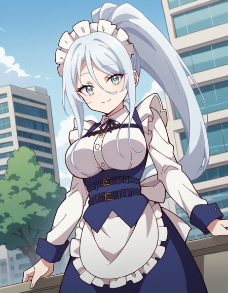 score_9, score_8_up, score_7_up, source_anime, <lora:sylpha-langlis-s1-ponyxl-lora-nochekaiser:1>, sylpha langlis, long hair, blue eyes, hair between eyes, ponytail, white hair,, large breasts, apron, maid, maid headdress, maid apron, frills, long sleeves,, skyscraper, tall, glass, modern, building, , smile, looking at viewer, solo,, dutch angle, cowboy shot