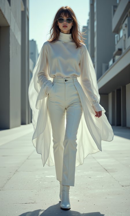 A stylish 1970s editorial featuring Jane Birkin in a minimalist Courrèges dress, characterized by clean lines, a monochrome palette, and a futuristic silhouette. The outfit consists of a high-necked tunic and straight-cut trousers, paired with white boots and oversized sunglasses. The backdrop is a sleek, modern cityscape, with muted tones and soft, ambient lighting. Photorealistic, sharp details, ultra-high resolution. <lora:FLUX.1-DEV_-_Wild_1970s_Fashions_LoRA:0.8>, <lora:midjourney_whisper_avant_couture_v01:0.6>,
break
perfectly smooth jawline, no cleft chin, soft and defined chin, symmetrical and elegant facial features, well-balanced proportions, delicate and flawless face, smooth skin texture, sharp yet gentle jawline, natural beauty, high cheekbones, soft jaw curves, sleek, even facial structure, harmonious face symmetry, no dimples or clefts, clean and graceful profile, refined and polished appearance, seamless jawline transition, fine facial detail,
break
elegant twist pose, on the runway, looking ahead, from below, even framing, fullbody shot, low angle for dynamic view, ruffled clothing, gazing into the distance,
break
8k, ultra photorealistic, monochrome with subtle highlights, intricate clothing textures, soft shadows, high contrast with cinematic lighting, minimal lens flare, soft focus on key outfit details, fine grain, nostalgic film effect, wide depth-of-field for a refined art editorial finish. aidmafluxpro1.1, <lora:aidmaFluxPro1.1Stylev0.2:0.7>, midjourney_whisper, <lora:midjourney_whisper_flux_lora_v01:0.5>, velvet_myst, <lora:Midjourney_Whisper_Chromaplex_Velvet_Myst_v01:0.2>,