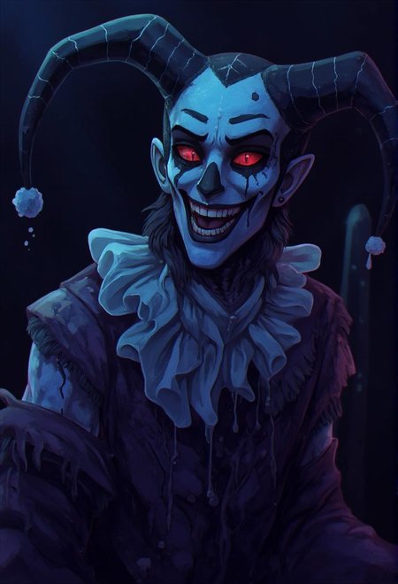 <lora:ck-LttleGhost-000011.safetensors:1> in the style of ck-lttlegh0stA haunting portrait of a jester, painted in eerie blues and reds, with twisted smile and mesmerizing red eyes. The artist masterfully captures the unsettling atmosphere, with the subject's cadaverous face and tattered motley adding to the chilling effect.