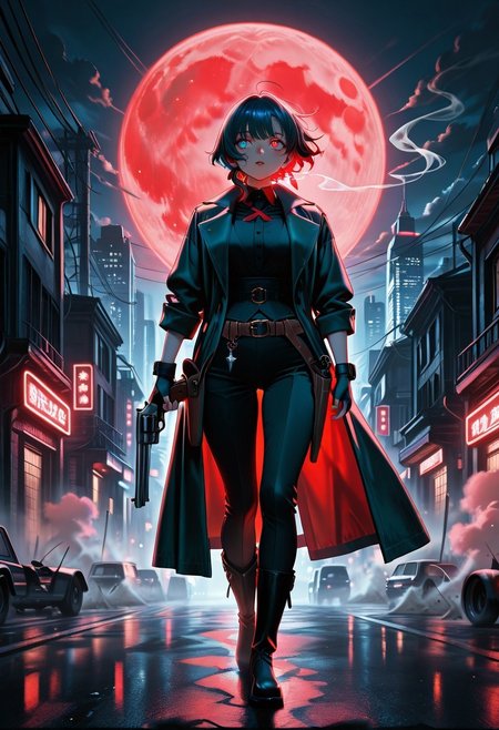 (masterpiece, best quality, absurd res, detailed, amazing quality, vivid colors, newest, very aesthetic, highres), dim light, dust wind, night, blood moon, cloudy sky, walking, city, cowboy shot, 

 heterochromia, , boots, waistcoat, dress_shirt, tailored pants, coat, fingerless gloves, belts, holster, revolver, night, revolver, reloading, holding weapon, charm \(jewelry\), smoking_barrel, holding gun, 
