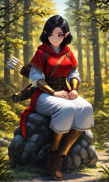 masterpiece, best quality, amazing quality, klskx, full body, 1girl, solo, black hair, medium hair, detailed eyes, multicolored eyes, gold eyes, eyebrows, eyelashes, red and gold hunter robe, leather armor, (quiver of arrows:1.0), (bow resting on lap:1.1), outdoors, sitting on rock, overlooking misty valley, outside, early dawn, soft light, detailed scenery, forest clearing, intricate details, dynamic pose, (blurry background, depth of field, bokeh:0.9) <lora:klskx_wai:0.7000000000000001> <lora:spo_sdxl_10ep_4k-data_lora_webui:2.0>
