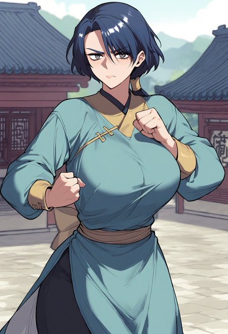 score_9, score_8_up, score_7_up, score_6_up, source_anime, rating_explicit, 1girl, solo, huge breasts, <lora:Nangong Soyu prefectPonyxl:0.85> low ponytail, hair tube, blue hair, long hair, grey eyes, short hair, chinese clothes, blue dress, long sleeves, sash, black pants, serious, village, outdoors, looking at viewer, fighting stance, clenched hand, east asian architecture