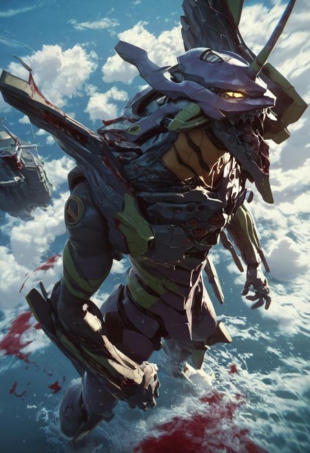 score_9, score_8_up, score_7_up,score_6_up, score_5_up, machinery, mecha, science fiction, open mouth, blood, blood out of the mouth, fire,  sea, blue sky,  standing,  from above, 
<lora:eva001v2:1>