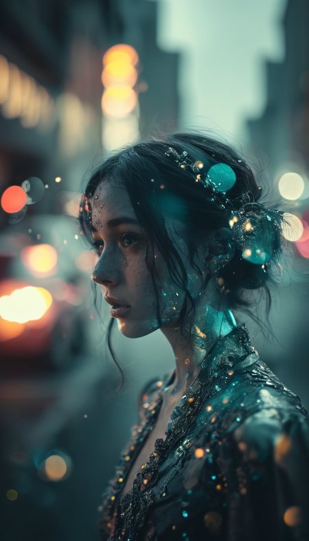 digital art, whistling Urban effervescence, desaturated colors . bony details, Bokeh, daguerreotype, Fine art photography collage using tired portrait of dark themes