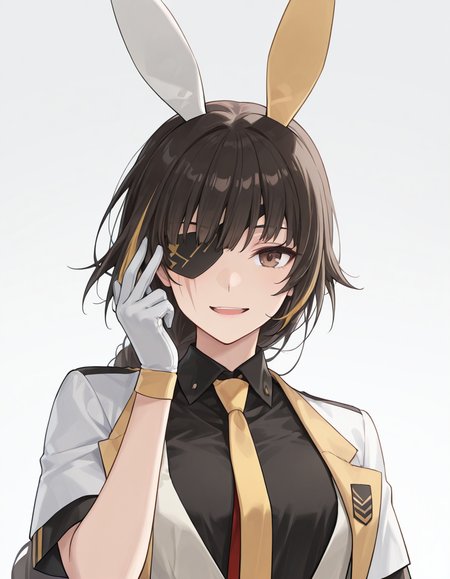 Volumetric Lighting, (masterpiece), (best quality), (ultra-detailed), masterpiece, source_anime, score_9, score_8_up, score_7_up BREAK, illustration, disheveled hair, detailed eyes, perfect composition, moist skin, intricate details, detailed eyes, detailed face, detailed fingers BREAK, brown eyes, long braid, single braid, black hair, blonde hair, streaked hair,scar across eye BREAK, OneEyedRabbitKnight,ORK_black_shirt, ORK_white_shirt, open shirt, ORK_bow, ORK_belt, ORK_vest, ORK_necktie, ORK_gloves, def_eyepatch, ORK_fake_rabbit_ears, BREAK, (((simple background, white background))), standing, looking at viewer,upper body,smile, face focused, hand up, open mouth