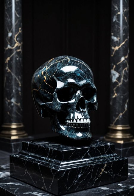 Fujifilm XT3, Sony A7 IV, (award winning photography) a (black: 0.89) marble skull made of opal (Kintsugi: 0.89) set on a pedestal in temple, glistening. in the background beautiful pillars, divine (iridescent: 0.79), opalescent textures, volumetric light, ethereal, sparkling, studio photo, highly detailed, sharp focus (highest quality: 1.39) (highest coherency: 1.39) (award winning photography), highly detailed photography, (muted colors, cinematic, dim colors, soothing tones:1.2), vibrant, insanely detailed, hyperdetailed, (dark shot:1.2), (vsco:0.3), (intricate details:0.9), (hdr, hyperdetailed:1.2) (vignette), sss, raw photo, fijifilm, kodak, cinematic film grain