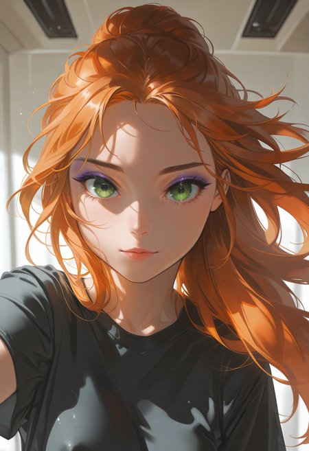 embedding:lazypos, 1girl, Long hair, orange hair, green eyes, thick eyebrows, black eyebrows, purple eyeshadow, pink lips, full lips, slender body, floating hair, small ass, medium breast, realistic breast, black shirt, t-shirt,  short sleeves, pants, crouching, one knee up, front view, looking at viewer, movie perspective, blurry, indoors, mature woman