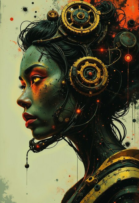 masterpiece, high detail, , masterpiece, stunning oriental robot woman, made of clockwork cogs, wires and cables, abstract, fractal art. highest definition, HD32K, wallpaper, hyperdetailed, concept art, extreme closeup, side profile