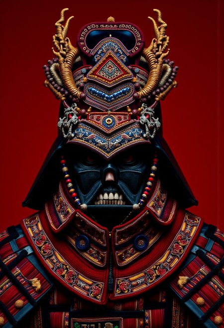 w1z-h34d., Darth Vader samurai with human teeth and black gums wearing an african ceremonial headdress, elaborate, ornate, intricate, filigree, avant-garde, adorned, vinok flower crown, balinese gelungan, fenguang phoenix coronet, mongolian bogtag gugu, kokoshnik
