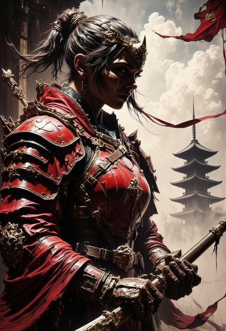 Silhouette Art, magnificent. detailed renaissance oil painting, masterpiece, FredFraiStyle, female japanese knight in red leather armour, chiascuro, weapons, directional lighting, masterpiece, perfect composition, perfect hands, standing next to a pagoda temple, silhouetted with light illuminating one side of face