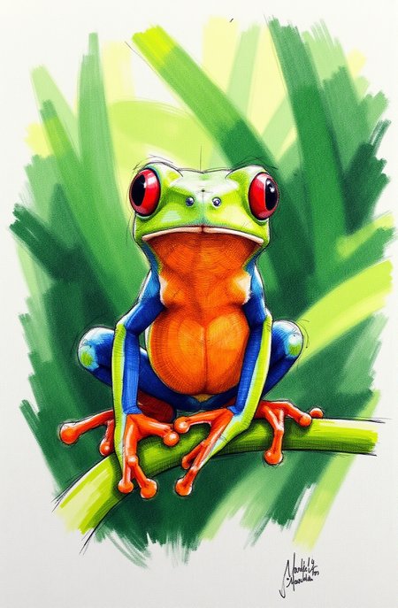 Sharp image of a rough sketch, rendered in vibrant multi colour ballpoint pen, capturing the adorable features of a close-up of a red-eyed tree frog sitting on a green leaf. The frog is facing the camera and its body is facing towards the right side of the image. It has a bright orange body with blue and red stripes on its legs and feet. Its eyes are large and round, and its mouth is slightly open, as if it is looking directly at the camera. The background is blurred, but it appears to be a tropical forest with green leaves and foliage. The image has a dreamy, ethereal quality to it.  p3nsk, <lora:p3nsk:1>