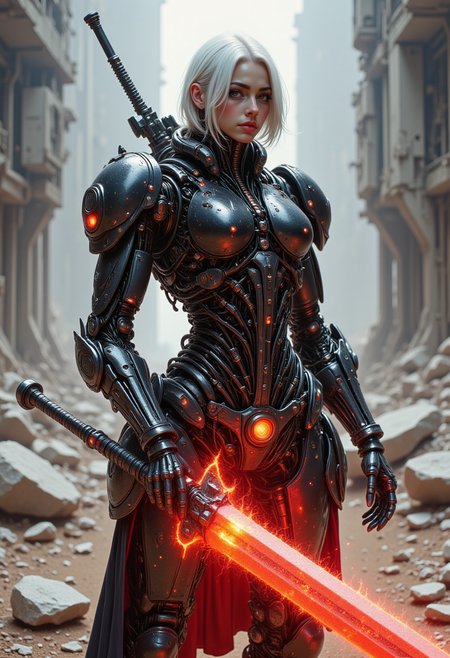pinkmechalux, A futuristic knight woman, black exosuit with crimson accents, wielding a massive plasma greatsword, her short white hair illuminated by the glowing weapon, amidst a dystopian wasteland.