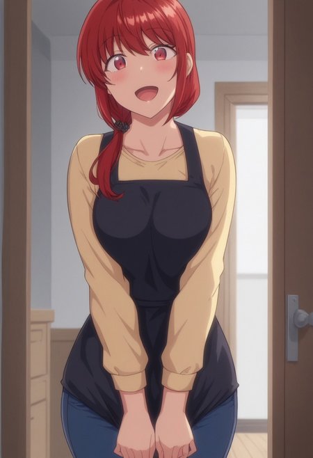 score_9, score_8_up, score_7_up, source_anime,  uncensored, <lora:Viper_Risen-000014:1>, v1p3r1seV6, BREAK, natsumi,1girl,red hair,low ponytail,red eyes, large breasts, curvy, big ass, yellow shirt,long sleeves, black apron, jeans, blush, smile, open mouth, front view, looking at viewer, cowboy shot, indoors, apartment, doorway, welcoming,