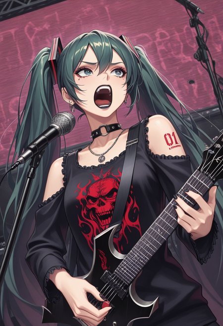 masterpiece, best quality, Graphic Design, color art, vibrant colors, colorful, intricate details, high contrast, detailed background, beautiful detailed, beautiful face, detailed eyes, detailed face, new, newest, w4rl0ck, instrument, electric guitar, holding instrument, playing instrument, 1girl, solo, hatsune miku, black hair, black lipstick, makeup, punk, stage, dutch angle, (upper body, perspective:1.4), microphone stand, open mouth, screaming, frown, heavy metal, holding plectrum, looking away,