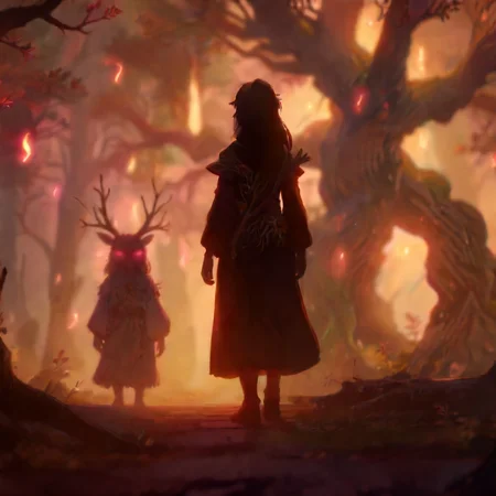 Black, Ultra High Definition, studio ghibli, 80s anime aesthetic, fey-pact warlock talking to the tree spirits, dryad emerging from the wood, wide angle candid shot, (chromatic aberration) (faded colors) outlines, anime bloom effect, soft lighting, CG particles effect, 4K resolution, detailed pupils,<lora:neg4all_bdsqlsz_xl_V9:0.7> <lora:add-detail-xl:0.7>  <lora:MagicAI:0.7>FairyTaleAI