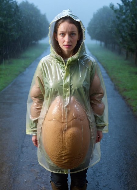 woman wearing a ((xenoegg)) raincoat, bad weather, rain, realistic, 
<lora:Xenomorph_Egg_SDXL:1> xenoegg