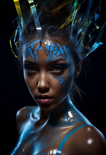 mysterious face, an exotic girl in tape clothing, fading backlit background, alluring goddess, blacktapeprojekt, by Minjae Lee, Carne Griffiths, Emily Kell, Steve McCurry, Geoffroy Thoorens, Aaron Horkey, Jordan Grimmer, Greg Rutkowski, amazing depth, double exposure, surreal, geometric patterns, intricately detailed, bokeh,  perfect balanced, deep fine borders, artistic photorealism , smooth,  great masterwork by Suiras  <lora:add-detail-xl:2>  <lora:Double_Exposure:0.5>