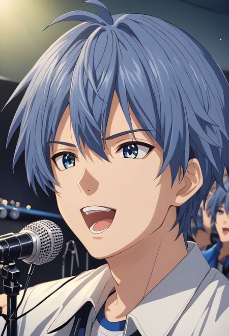 high resolution, solo, best quality, 1Boy, Tomoya Okazaki, Grey Blue Hair, singing, portraits, dept of field, virtual concert, playing musical instrument, OverallDetail