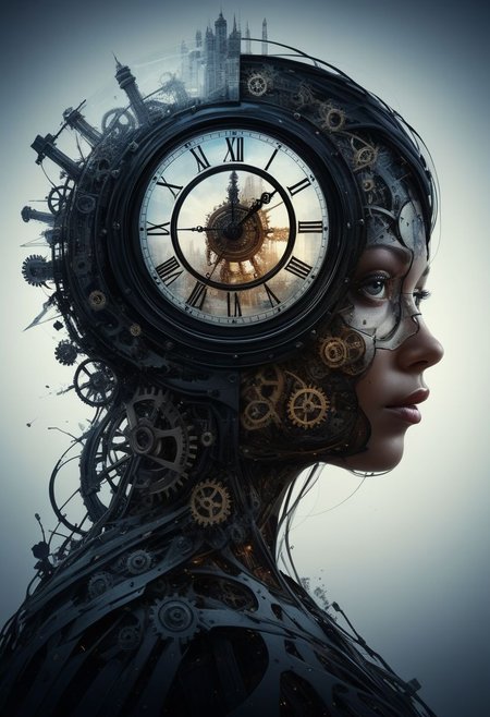mysterious silhouette of a time travelling woman, black hole, inside of a clock, gears, goddess, alluring, by Minjae Lee, Carne Griffiths, Emily Kell, Steve McCurry, Geoffroy Thoorens, Aaron Horkey, Jordan Grimmer, Greg Rutkowski, amazing depth, double exposure, surreal, geometric patterns, intricately detailed, bokeh,  perfect balanced, deep fine borders, artistic photorealism , smooth,  great masterwork by head of prompt engineering   <lora:add-detail-xl:2>  <lora:Double_Exposure:0.5>