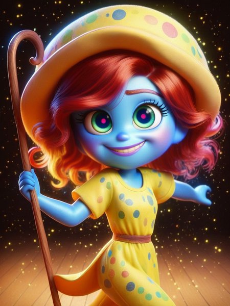 score_9, score_8_up, score_7_up, score_6_up, 1girl, colored skin, blue skin, blue eyes, wavy hair,  yellow hair, cute girl, musical note, tunic, magical staff, red hair, big hat, epic pose, light smile, bright pupils, particles around, splash art, pants, looking at viewer, cowboy shot, dynamic pose, smile, cute, wide shot, solo, dutch angle, detailed background,
cartoon,  <lora:InsideOutCH_Style:1> InsideOutXLP, chibi,