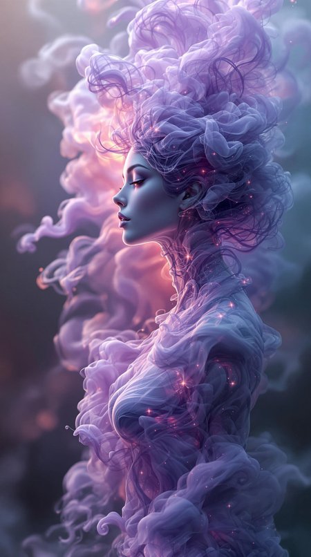 A mesmerizing 3D render, meticulously crafted by the skilled artist Mschiffe, showcasing a ghostly, smoke-like female figure in a side view.  Her ethereal form, composed of swirling, translucent grey-purple smoke, undulates with a delicate, almost imperceptible shimmer, as if animated by an unseen force.  Intricate strands of the smoke-figure flow and billow, creating a sense of ethereal movement and fluidity, caught mid-step as she seems to emerge from a vibrant explosion of color – a kaleidoscope of sunset oranges, electric blues, and deep violet purples, all muted and softened in tone. The background is a breathtaking tapestry of these subdued hues, seamlessly blended to evoke a simultaneously eerie and captivating atmosphere.  A subtle, almost imperceptible haze, a soft, pale lavender, hangs in the air just behind her, amplifying the sense of mystery and ethereal presence.  Her form is highlighted by a luminescent, internal glow, a soft, inner light that subtly illuminates the smoke-like substance making up her figure,  creating a stunning contrast against the muted color palette of the surrounding explosion.  The entire scene is bathed in a soft, diffused light, with no harsh shadows, concentrating on the sense of delicate movement and the beauty of the swirling, luminous mist form.