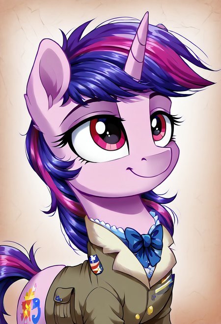 masterpiece, score_9_up, score_8_up, score_7_up, score_6_up, (best quality:1.1), ultra-detailed, high resolution, 1character, Pony, pony Equestria, unicorn, mlp, woman, feral, pink skin, one red love heart of the cutie mark, full purple tail, full purple mane, long eyelashes, single horn, ears, closed mouth, detailed facial features, expressiveh, Equestria background, highly visible, sharp focus, anatomically correct, Equestria at War, Portrait of the leader, looking at the camera, smile, She's looking at the other side