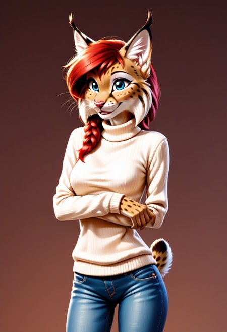digital_media_(artwork) hi_res, score_9, score_8_up, score_7_up, score_6_up, source_furry, rating_safe, anthro, furry, female, furry female, detailed textured fur, fur tufts, lynx, red hair, blonde brown fur, spots, beautiful blue eyes, medium breasts, covered breasts, slim, slender, turtleneck sweater, denim jeans, smile, SFW,