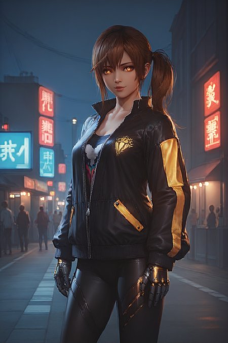 score_9,score_8,score_7_up,realistic,
misaki \(doa\), 1girl, solo,brown_hair, brown_eyes, side_ponytail,outdoors,
intense glowing robotic eyes, rainbow color Chignon hair, wearing an oversized futuristic jacket, wearing a rocker top, wearing goth leggings, glowing accessories
 <lora:darkness_xl_v10:0.7000000000000001> <lora:doa_misaki_xl_pdxl_v20:0.8>
