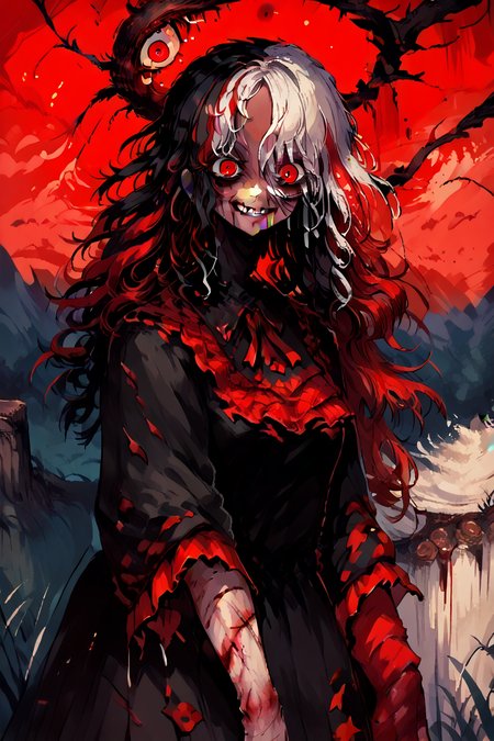 score_9, score_8_up, score_7_up, score_6_up, score_5_up, source anime, ((dark skin)), looking at viewer, realistic background, asymmetrical room, night, outdoors, cliffs, mountains, standing,  (cowboy shot), evil smile, (solo), multicolored hair, red hair, white hair, messy hair, wild hair, long hair, hair over eyes, red eye,   bloodstained hair, scar, burn scars, burned face, bloodstained dress, injured, wounded, bloody, (horror), zombie, corpses, grimdark,  <lora:f3nn3rXLP:0.9> , f3nn3r, red, black, (trippy),  <lora:h3ll1shXLP:0.9> , h3ll1sh, small breasts,  <lora:LFashionPDXL:0.8> , zzLFashion, black frilled dress, frills, bow, black dress, pantyhose,  <lora:cr33pXLP:1> , cr33p,  <lora:d3p1x3lXLP:1> , d3p1x3l, pixel art, scenery,