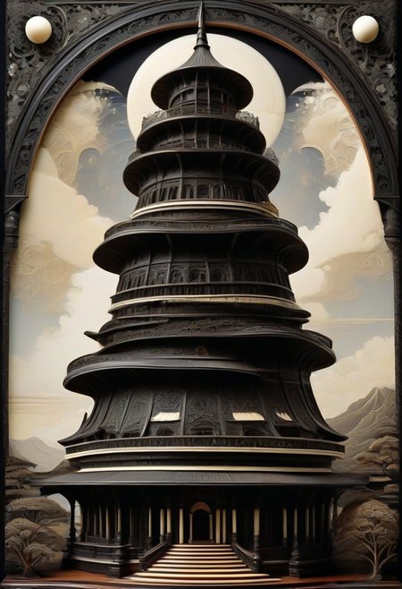(masterpiece, detailed:1.2), best quality, intricate tower, made out of, ebony, ivory, scrimshaw, bone carving