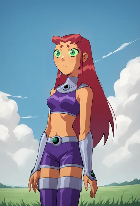 score_9, score_8_up, score_7_up, score_6_up, score_5_up, score_4_up, BREAK, source_anime,
1girl, starfire, red hair, long hair, green eyes, orange skin, crop top, midriff, miniskirt, thighhighs, thigh boots,
solo, blue sky, cloud, grass, moumtains background  <lora:StarfireTTXL:1>