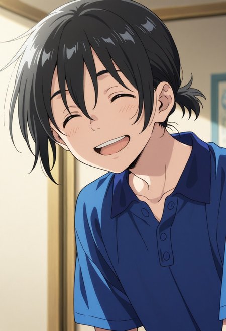 masterpiece,best quality,amazing quality, source_anime, 
MioChibana, 1boy, male focus, solo, closed eyes, black hair, short ponytail, shirt, polo shirt, blue shirt, smile, open mouth, happy,