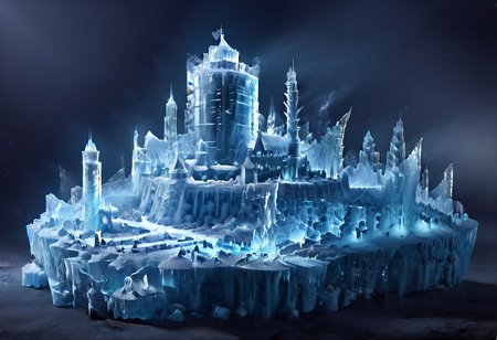 DarkFantasy, ice, ais-icebaby, made of ais-icebaby, dark, chiaroscuro, low-key, ((castle)),  3 towers,towers,  kaiyomuseum, night, scenery, water, building, night sky, moon ice,  skyscraper, city, city lights, reflection, neon lights, ice_art, ice, matchcraft floating island, sky , star