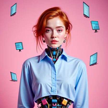 analog photo, 35mm,  full body shot, front facing view,  <lora:jialissa-ultimatev2:0.9> <lora:pasteBot02FL:0.7> futuristic, pink, blue, ajpasbot, mechanical, a beautiful mechanical redhead woman with a full robotic body, ultra quality, ultra detailed, ultra realistic, she's in a futuristic tech base with floating holographic monitors, full shirt, long sleeved shirt, high neck, collared shirt