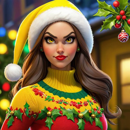 <lora:mistletoe_mercenaries:1>  mistletoe mercenaries, Female Super Hero, Santa Mercenary wearing a yellow ugly christmas sweater, Mistletoe in background, <lora:sdxl_photorealistic_slider_v1-0:0.8> <lora:PerfectEyesXL:0.8>      perfecteyes, Photo, colorful, vivid, beautiful, photorealistic, 16k resolution, intricate, highly detailed, gorgeous, 3D shading, by Greg Rutkowski,