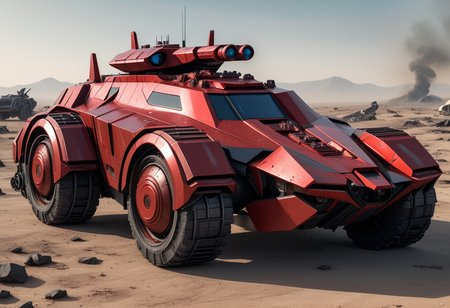 (medium full shot) of (high-tech heavy red futuristic armored car, batmobile style) with modular armor, elegant design, gas-turbine engine, EMP system, side skirts, set in  a war-torn landscape, featuring scorched earth, shattered buildings, advanced military vehicles, drone swarms, and holographic command centers, ,Masterpiece,best quality, raw photo, realistic, very aesthetic
