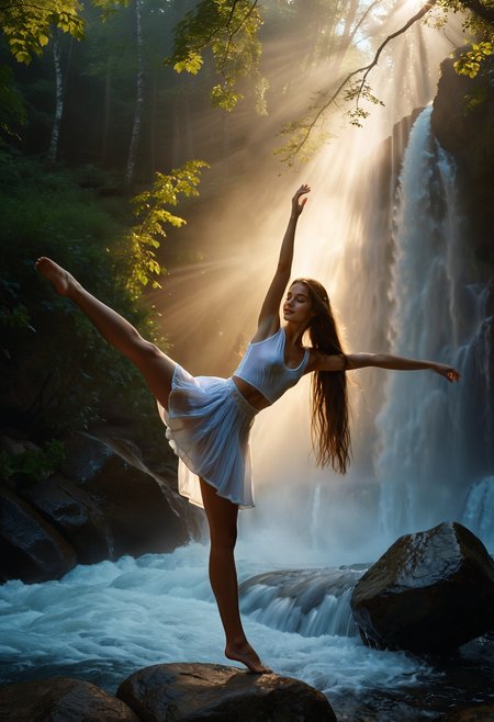 cinematic film still, a woman in a white dress is dancing in front of a waterfall and a waterfall falls in the background, Elizabeth Polunin, cinematic photography, a photorealistic painting, arabesque