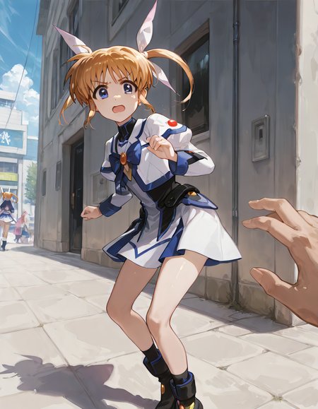 nsfw, highres, best quality, masterpiece, $\{quality\}, $\{style\}, best quality, very aesthetic, 8k, anime, masterpiece, best quality, detailed background, 8k, score 9, score 8 up, score 7 up, score 6 up, $\{girl traits\}, $\{appearance\}, hair between eyes, outdoors, solo focus, $\{clothing\}, $\{pose\}, $\{background\}, $\{composition\}, Nanoha, Blonde hair, medium-length and slightly wavy, Large blue eyes with a determined expression, Fair, clear skin, Futuristic magical girl uniform in blue and white, Short skirt paired with thigh-high combat boots, Sleek, athletic build, Minimal accessories, nanoha
